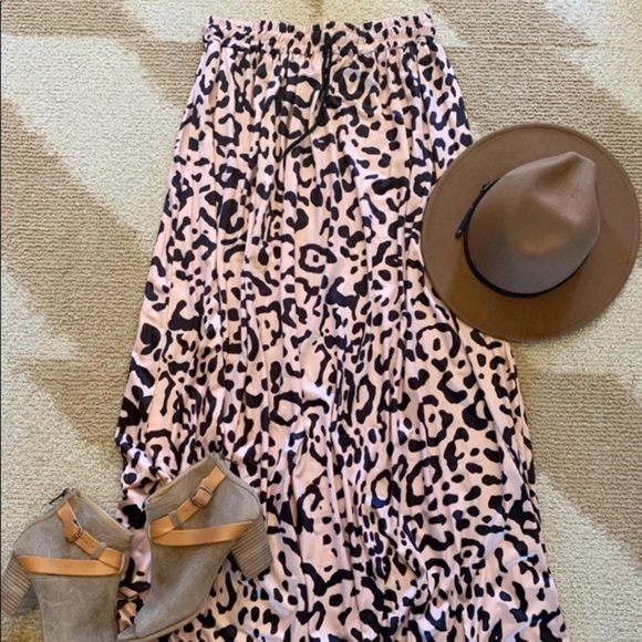 Silky Leopard Long Drawstring Maxi Skirt - Picture 1 of 5
